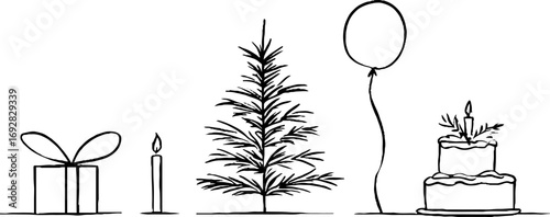 Minimalist line art for christmas with tree, gift, and celebration elements