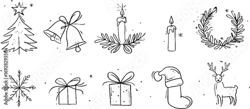 Minimalist line art design of christmas trees, stars, and holiday elements for seasonal decor