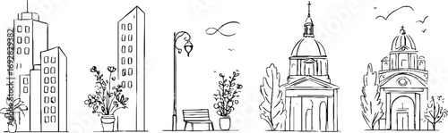 Minimalist line art of city skyline and iconic bridges