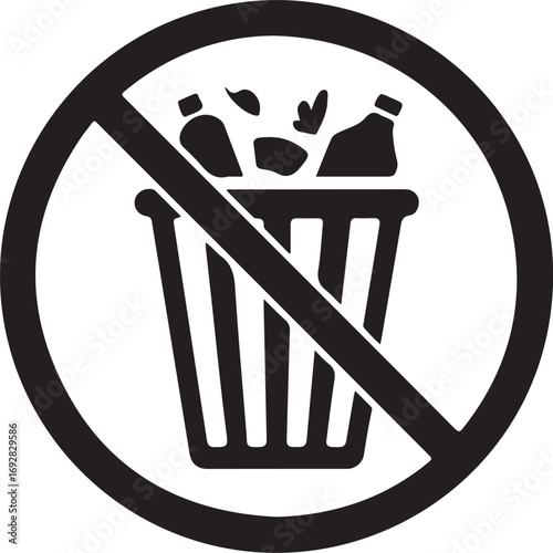 Black no littering symbol with trash can and debris inside a circle garbage bin waste