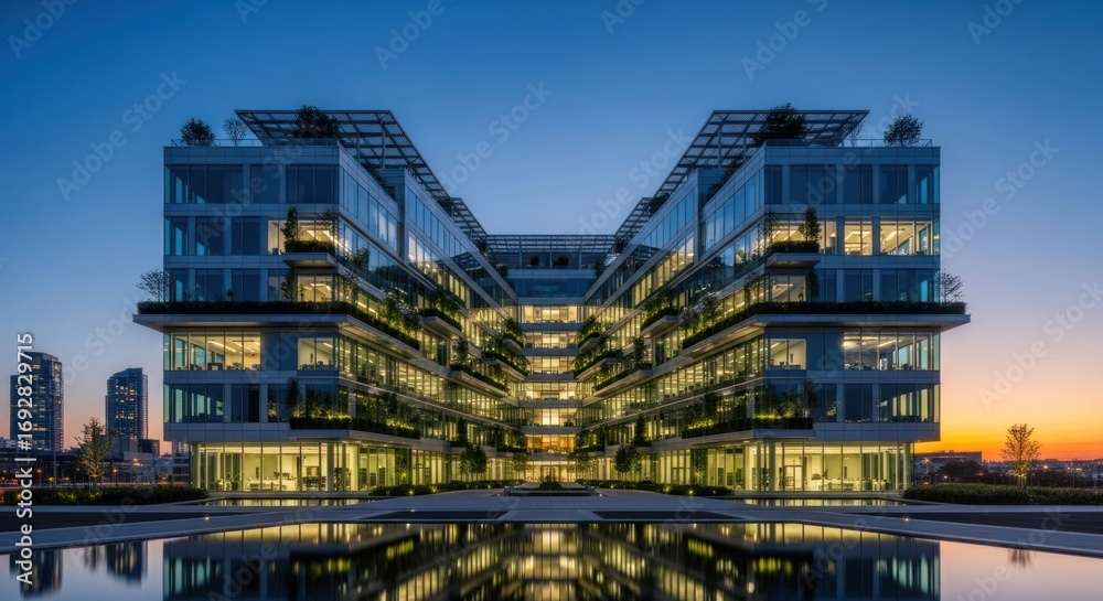 Fototapeta premium Modern office building at dawn, reflected in water