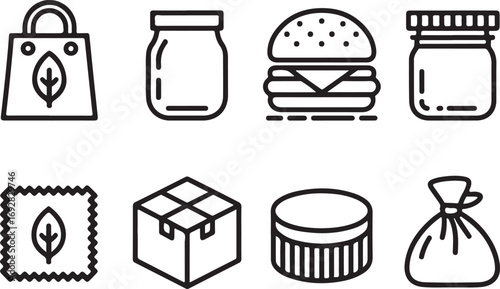 Black outline icons of shopping bag jar burger box and food bag paper bag leaf icon