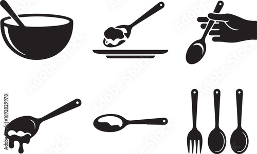 Collection of black silhouette icons depicting spoons bowls and forks with food eating