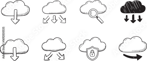 Hand drawn cloud icons with arrows and security shield cloud computing download
