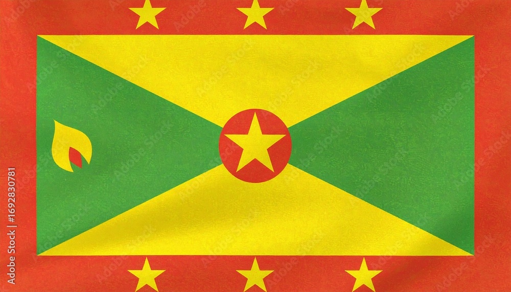 Fototapeta premium Grenada’s red-bordered flag with green-yellow triangles, central star, and nutmeg—symbolizing unity, heritage, and agricultural pride.