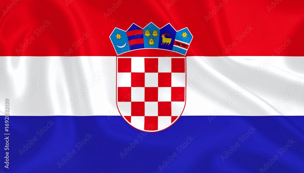 Fototapeta premium Croatia’s red, white, and blue tricolor flag with central checkerboard coat of arms and five regional shields—symbolizing unity, heritage, and national pride.