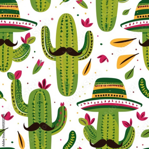 A delightful seamless pattern featuring cacti adorned with hats and mustaches