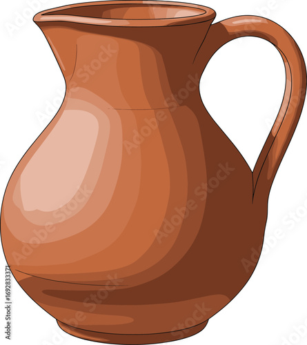 Brown ceramic pitcher with handle and spout, traditional pottery vessel for kitchenware, vintage design, realistic vector illustration for decor