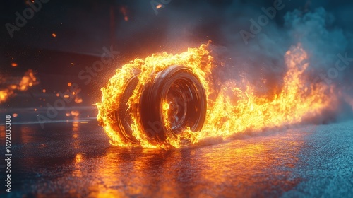 Burning tire on wet asphalt, city night background