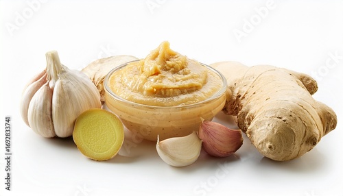 fresh ginger and garlic with homemade paste on white background