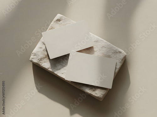 Minimalist mockup of two blank business cards resting on a textured stone slab with soft shadows and natural light, perfect for branding and design