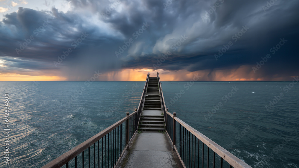 Fototapeta premium A pier stretches into the sea under a dramatic sky with storm clouds