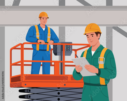 Construction Workers Inspecting Building Site with Scissor Lift