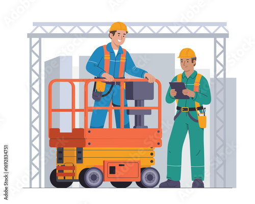 Two industrial workers collaborating on a construction site using a scissor lift for assembly