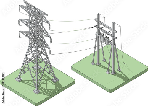 Electric Transmission Tower and Substation Vector with Power Lines, Infrastructure Design, Energy Distribution, Utility Structure, Engineering Concept Illustration