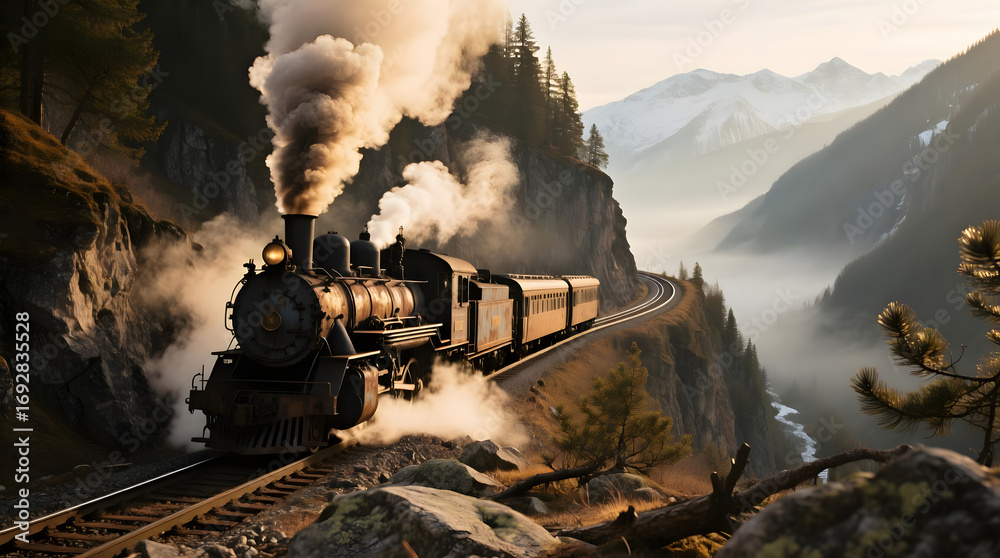 Fototapeta premium Vintage Train Traveling through a Mountain Pass