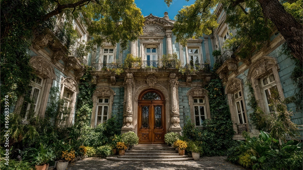 Ornate residential doorway under a clear blue sky Ornate residential doorway under a clear blue sky