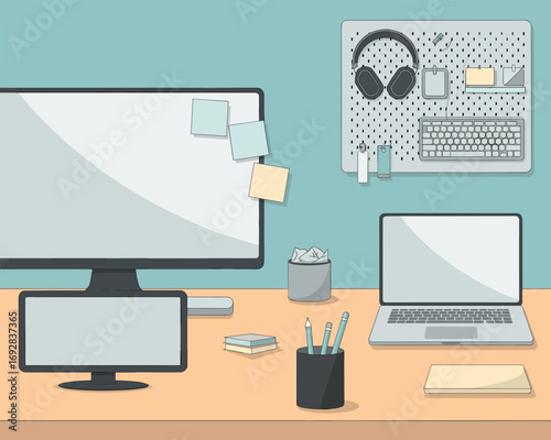 Modern minimalist workspace concept with computer, laptop, and organized accessories on a desk