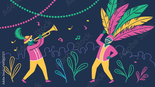 Vibrant Carnival Celebration: Musicians and Dancer in Festive Costumes, Flat Style Illustration