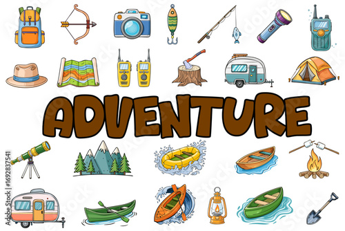 Adventure and camping colorful icon set 