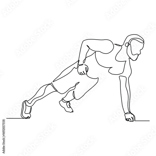 Continuous line of sporty man push up work out. Single line drawing editable stroke vector illustration of gym fitness and healthy life style