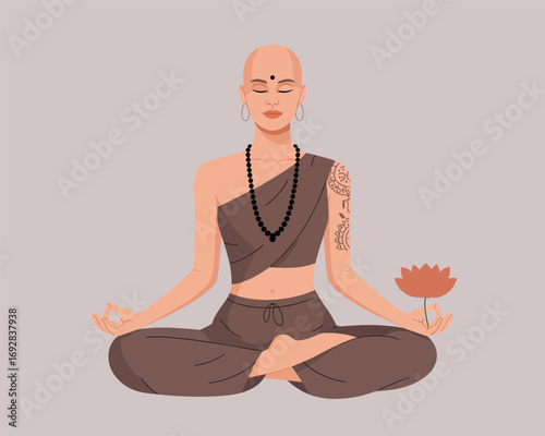 Mindful meditation a tranquil bald woman embracing inner peace and spiritual growth with a symbolic lotus