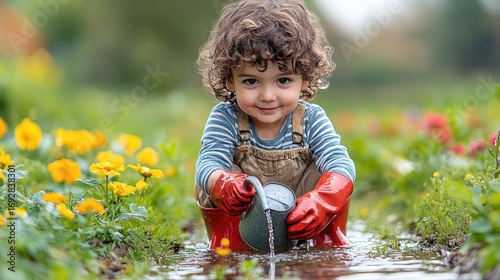 Child watering flowers in garden puddle