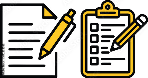 Symbolic representation of tasks, note-taking, and decision-making in a professional setting with documents and writing tools.
