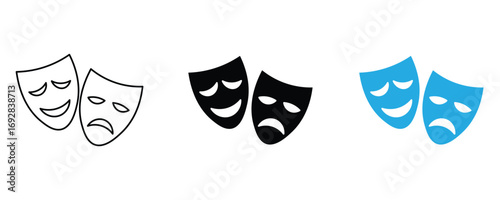 Theater mask icon set vector on white background. comedy, tragedy, drama, performance, stage, actor, actress, play, entertainment, symbol.