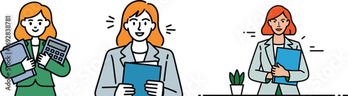 Diverse Professional Women Illustrated Series Businesswomen with Folders, Calculators, and Plants Symbolizing Growth, Finance, and Office Environment