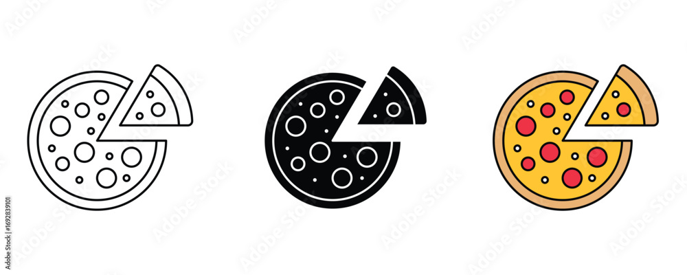 Naklejka premium Pizza icon set vector on white background. meal, dinner, lunch, restaurant, fast, eat, cheese, tomato, pepperoni, italian, cuisine, symbol.