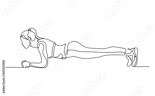 Continuous line of sporty woman push up work out. Single line drawing editable stroke vector illustration of gym fitness and healthy life style