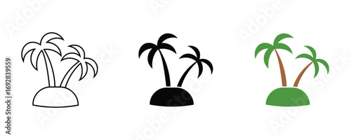 Palm tree icon set vector on white background. glyph, color, tropical, island, summer, vacation, beach, plant, nature, symbol.