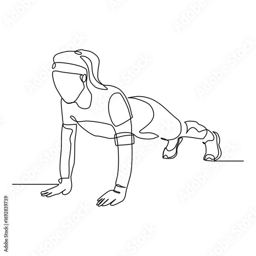 Continuous line of sporty woman push up work out. Single line drawing editable stroke vector illustration of gym fitness and healthy life style