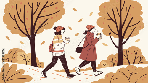 Autumnal Friendship: Two Women Stroll, Coffee in Hand, Fall Foliage