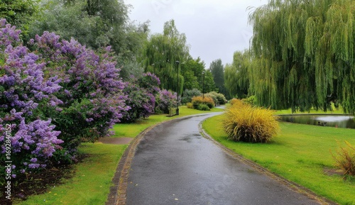 A park path winds through lush greenery, dotted with colorful blooms under a cloudy sky