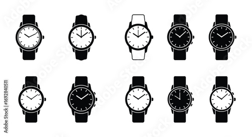 various styles of wristwatches displayed in neat rows