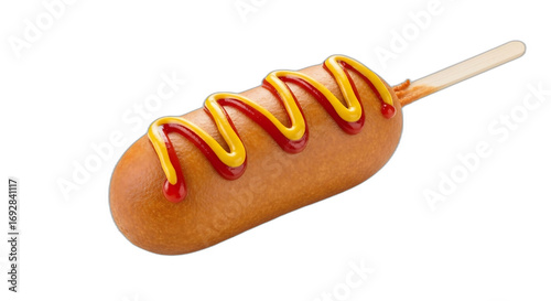 A corn dog with mustard and ketchup on black ground