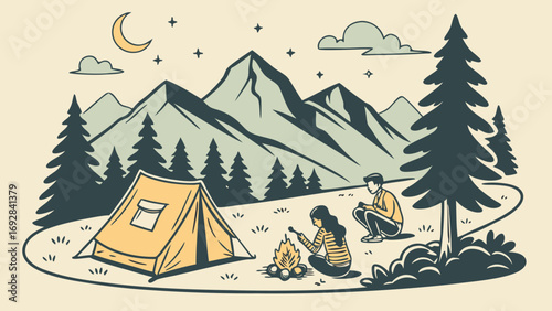 Retro Camping Couple by Mountain Campfire Under Night Sky