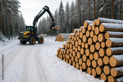Forestry Machinery in Winter Landscape: A Logger with Crane Lifting Timber from a Snowy Road Surrounded by Tall Trees and Stacked Logs
