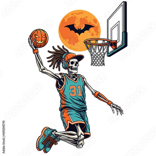  Halloween Skeleton Basketball Dunk Illustration

