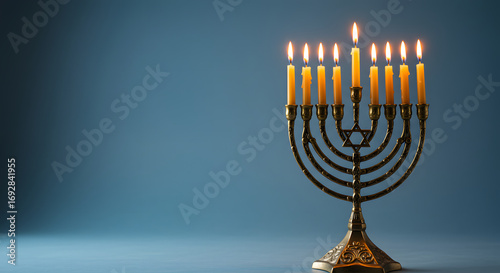 Hanukkah menorah with candles burning brightly on a festive holiday windowsill