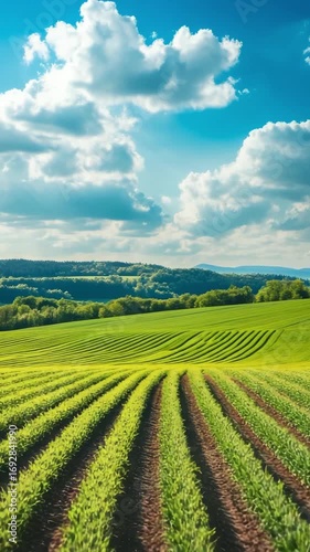Wallpaper Mural Green crops growing in rows in a rural landscape with rolling hills under a bright blue sky Torontodigital.ca