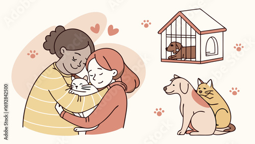 Happy diverse couple embracing pet cat; dog and cat cuddling; pet adoption concept illustration.