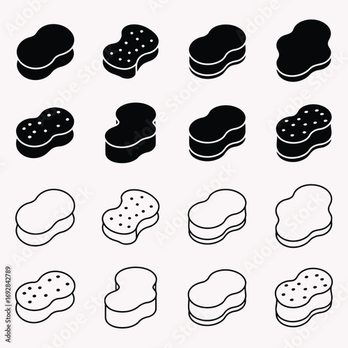 Set of black and white cartoon sponges in different patterns and styles
