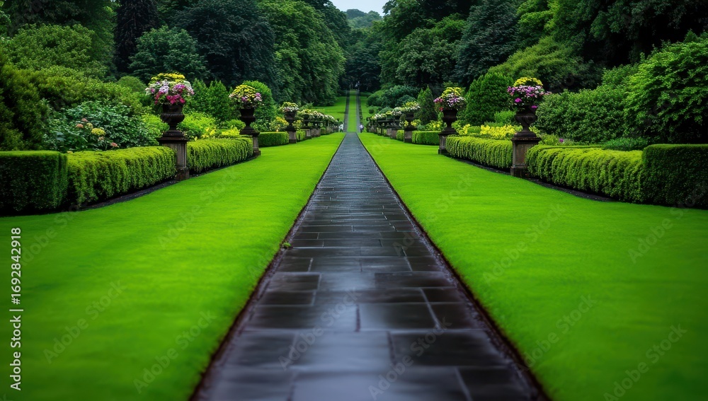 Obraz premium A lush green garden path lined with meticulously manicured hedges and ornate flower urns leads to a distant point, creating a serene and symmetrical scene