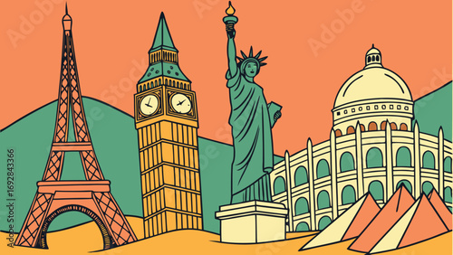 Retro Travel Landmarks: Eiffel Tower, Big Ben, Statue of Liberty, Colosseum, Pyramids Illustration