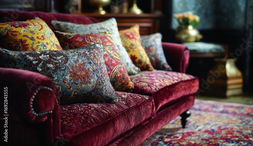 Luxurious burgundy couch with patterned cushions in a vintage interior