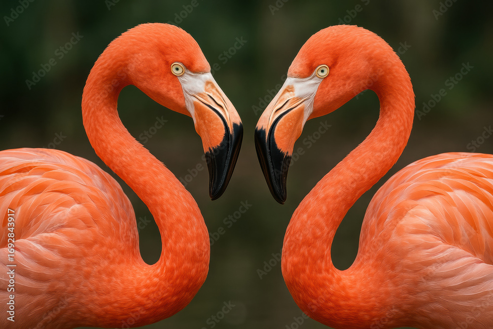 Obraz premium A Stunning Display of Two Majestic Flamingos Sharing a Heartfelt Moment, Showcasing Their Vibrant Colors and Graceful Forms in Perfect Harmony