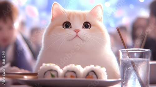 Cat enjoying sushi at a vibrant restaurant during a busy evening with colorful decorations